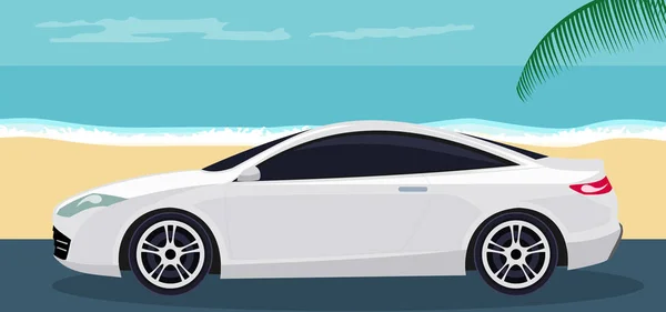 ビーチで豪華な白いスポーツカーの背景 — ストックベクタ
