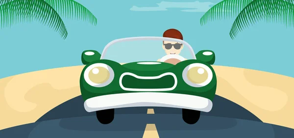 Young Man Driving His Green Car Summer — Stock Vector