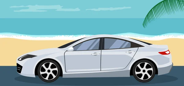 夏にビーチに駐車したセダン車の背景 — ストックベクタ