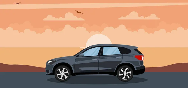 Fondo Coche Suv Una Puesta Sol Playa — Vector de stock