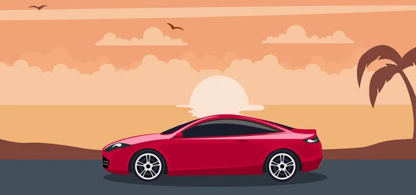 海滩日落时的红色现代汽车背景 — 图库矢量图片#