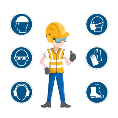 Industrial safety icons, worker with his personal protective equipment clipart