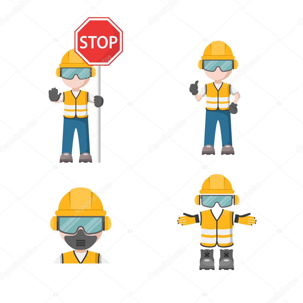 Person design with his personal protection equipment with industrial safety stop icon