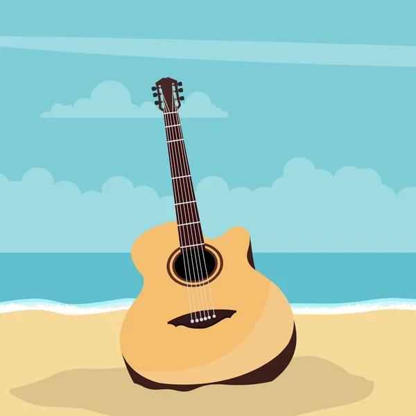 Diseño Guitarra Acústica Con Fondo Playa Verano — Vector de stock