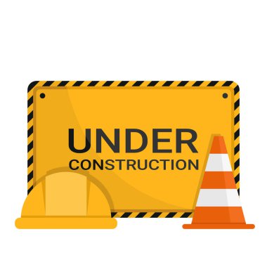 Güvenlik konisi ve güvenlik kaskı ile inşaat reklam işareti altında