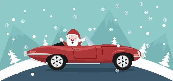 Conception Carte Noël Père Noël Dans Une Voiture Classique Dans — Image vectorielle