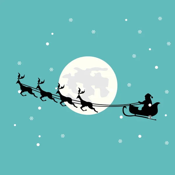 Biglietto Natale Babbo Natale Nella Sua Slitta Una Bella Luna — Vettoriale Stock