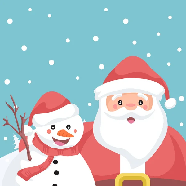 Buon Natale Biglietto Babbo Natale Pupazzo Neve Abbracciato — Vettoriale Stock