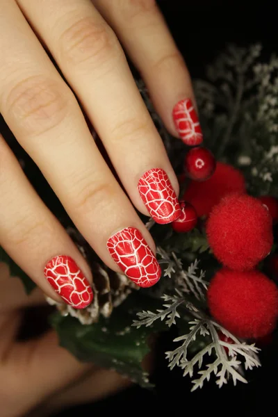 New Year Manicure Christmas Nail Color Red Cracked Color — стоковое фото