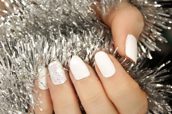 New Year Manicure Christmas Nail Color White Color Nails — Stock Photo, Image