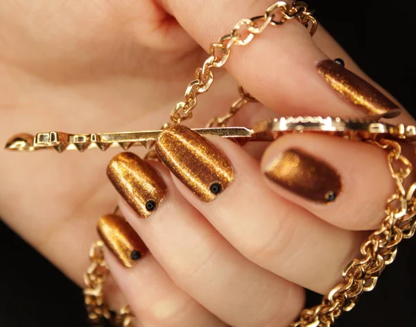 New Year Manicure Kerstmis Nagel Kleur Gouden Diamant Sleutel Rechtenvrije Stockafbeeldingen
