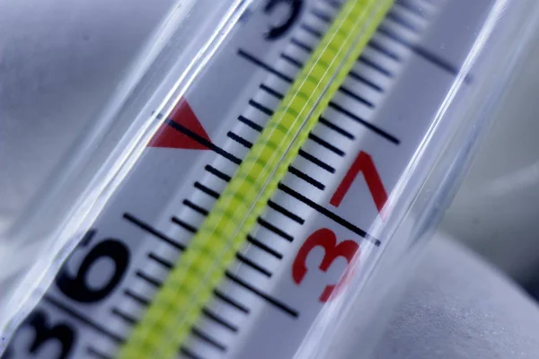 Thermometer in close-up on a dark wooden background, indicating the elevated temperature for the Cheleo-Chech body in degrees Celsius.