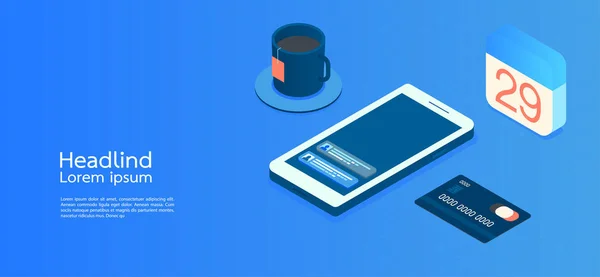 Moderne design isometrische concept business.smartphone blauwe achterop — Stockvector