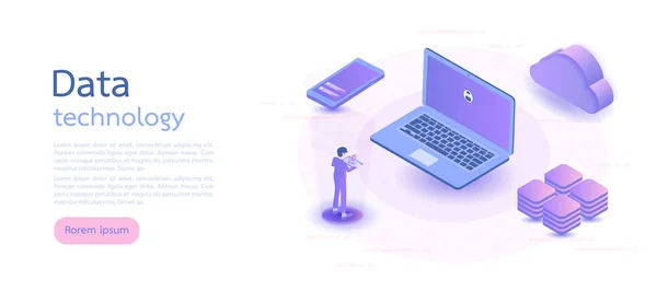 Tecnología digital isométrica. Big data, almacenamiento de información en la nube — Vector de stock