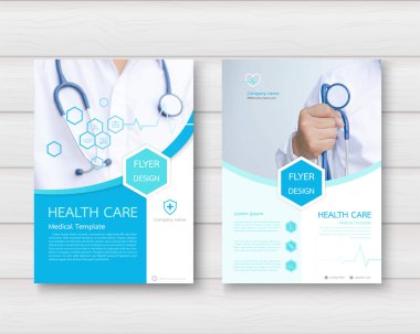 Bir rapor ve tıbbi broşür tasarımı, broşür tasarımı, broşür, basım ve sunum için broşür dekorasyonu için sağlık hizmeti kapağı, şablon tasarımı ve düz simgeler. vektör illüstrasyonu