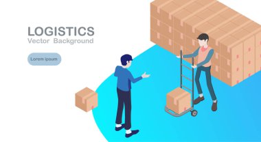 Lojistik ve Teslimat Bilgileri. Isometric, kamyon, drone ve dağıtım elemanı. Vektör illüstrasyonu 