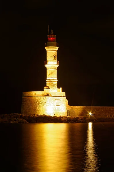 Fyren Hamn Chania Night Chania Stad Kreta Grekland — Stockfoto