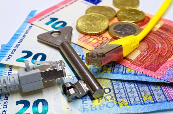 キーによって分けられる つのイーサネット コネクタがユーロ紙幣に横たわっています — ストック写真