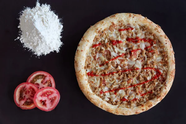 Baked Tuna Pizza Pile Flour Slices Tomato Black Background — Stock Photo, Image