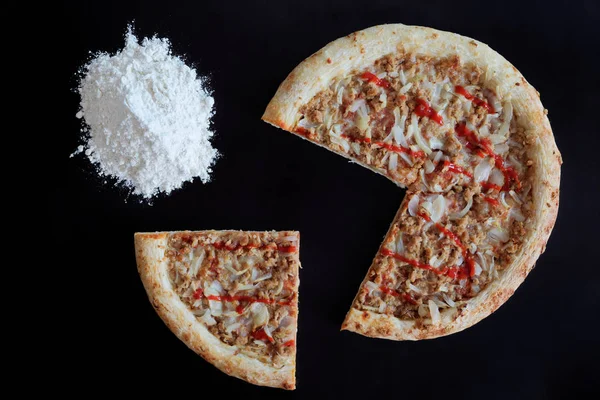 Baked Tuna Pizza Pile Flour Black Background — Stock Photo, Image