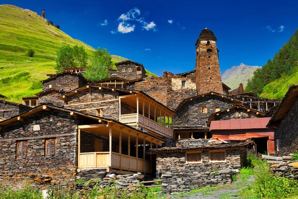 Ókori grúz falu-Dartlo, Akhmeta községben, Kakheti régióban. Nemzeti stílusban kőházak és tornyok. — Stock Fotó