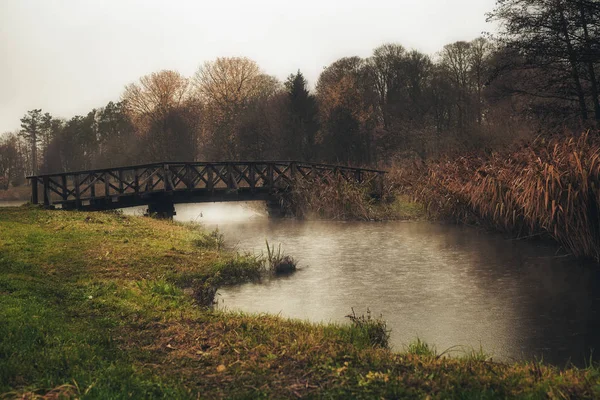 Autumn landscape. Wooden bridge over a small river, fog over the water, yellowed grass and trees. — Stock Photo, Image