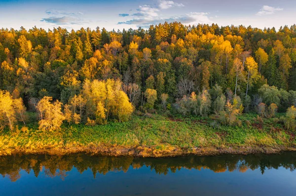 Осінній пейзаж. Ліс і річка. Вид з повітря . — стокове фото