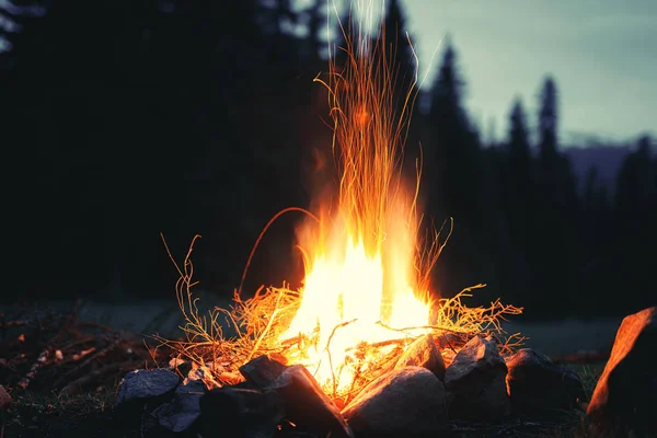 ไฟไหม้ในค่ายในธรรมชาติในป่าตอนกลางคืน . — ภาพถ่ายสต็อก