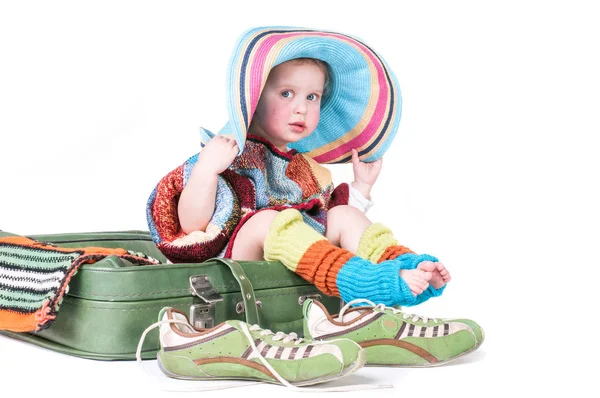 Little Girl Sitting Suitcase — Stock Photo, Image