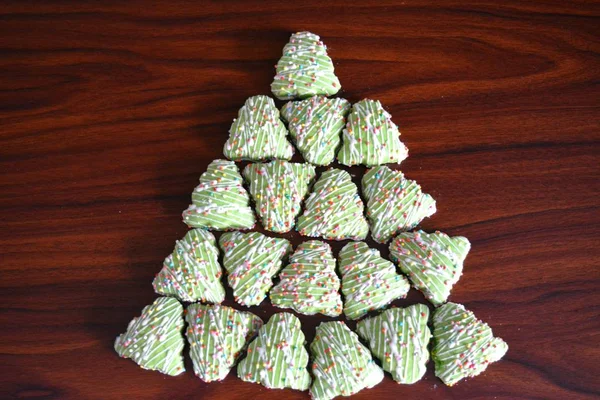 Karácsonyi Cookie Zöld Felülnézet Háttér — Stock Fotó