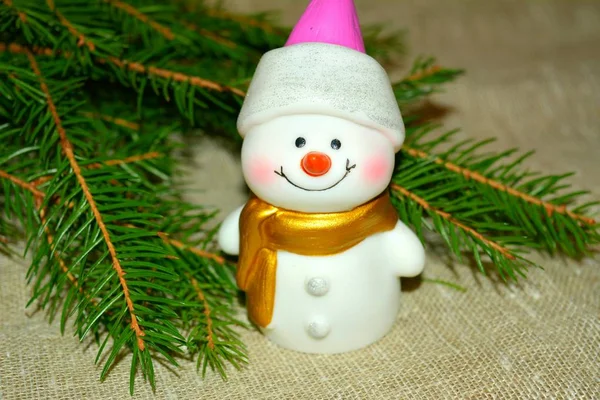 Christmas New Year Decor Snowman Fir Tree Branch Natural Background — Stock Photo, Image