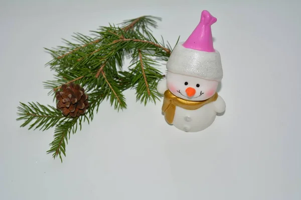 Christmas New Year Decor Snowman Fir Tree Branch White Background — Stock Photo, Image