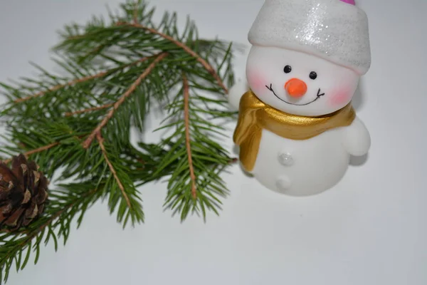 Christmas New Year Decor Snowman Fir Tree Branch White Background — Stock Photo, Image