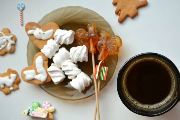 Coffee Cup Sweets Christmas Candy Cookies — Stock Photo, Image