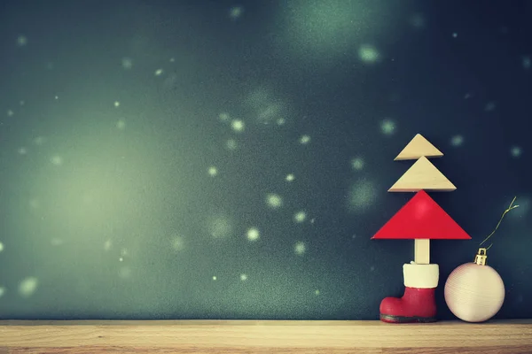 Close Beeld Van Kerstdecoratie Vintage Speelgoed Fir Tree Houten Plank — Stockfoto