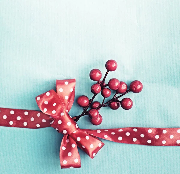 Festive Background Red Ribbon Red Berries Bow — Stock Photo, Image