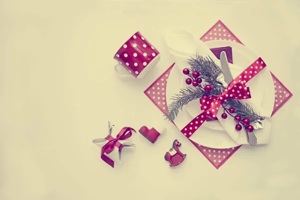 Bovenaanzicht Kerst Geserveerd Tafel Met Decoraties Voor Feestdagen — Stockfoto