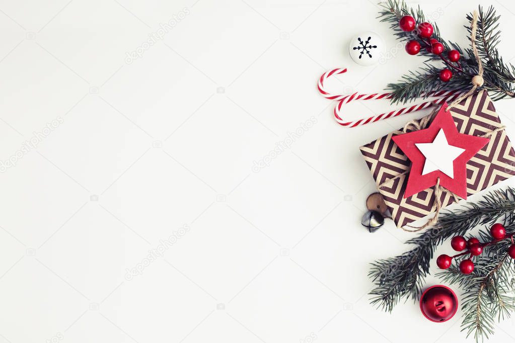 top view of Christmas decorations on white background in vintage colour