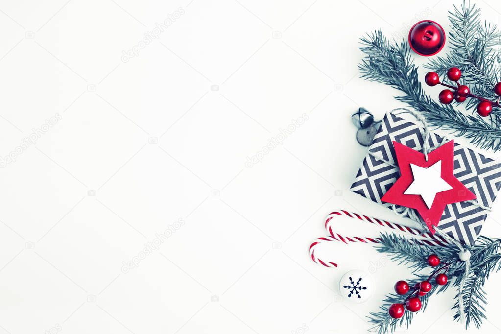 top view of Christmas decorations on white background in vintage colour