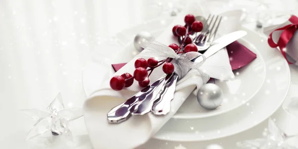 Elevated View Christmas Served Table Holiday Decorations — Stock Photo, Image