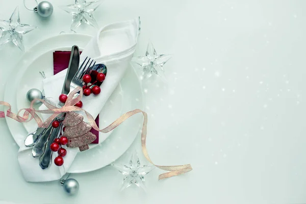 Elevated View Christmas Served Table Holiday Decorations — Stock Photo, Image