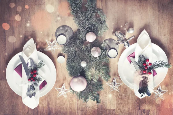 Karácsonyi Szolgált Asztal Emelkedett Megtekintése Holiday Dekorációk — Stock Fotó