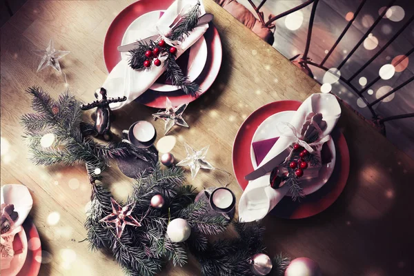 Pohled Vánoce Podává Tabulka Sváteční Dekorace — Stock fotografie