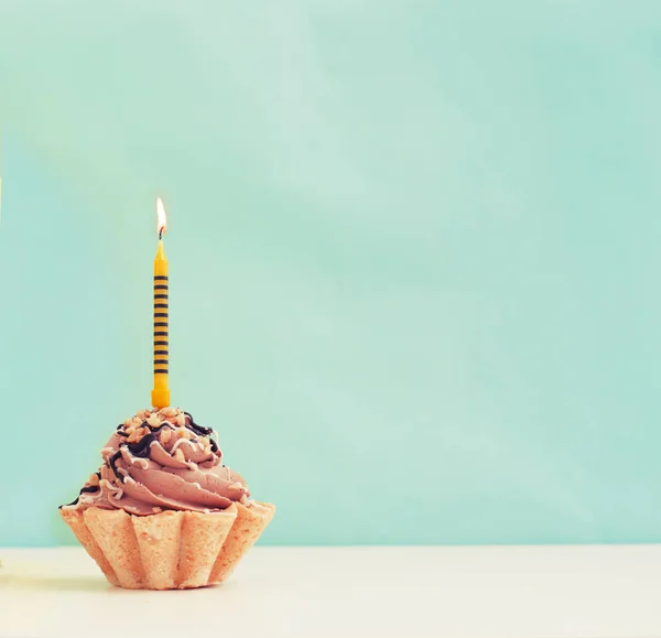 Birthday cake with candle in vintage colors, copy space