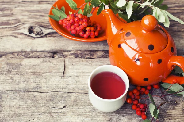 Hierbas Taza Con Bayas Rojas Mesa —  Fotos de Stock