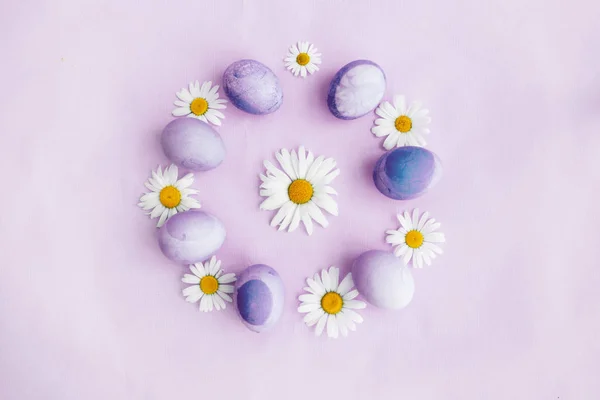 Pastel Coloridos Huevos Pascua Con Flores Margarita Espacio Para Copiar — Foto de Stock