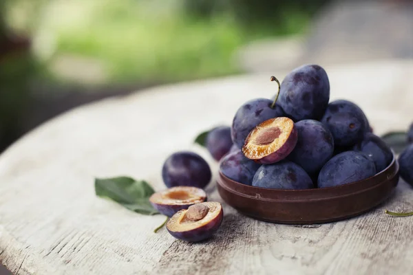 Appetizing Fresh Plums Wooden Table — Stock Photo, Image