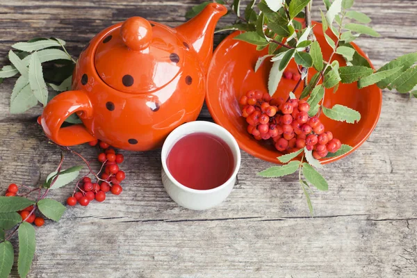 Hierbas Taza Con Bayas Rojas Mesa —  Fotos de Stock