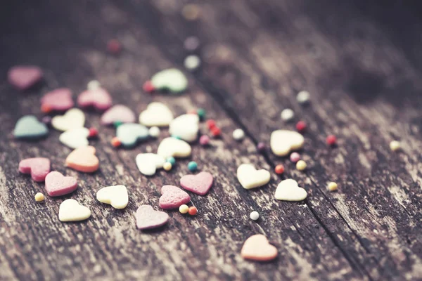 Barevné Romantické Srdce Dřevěné Pozadí — Stock fotografie