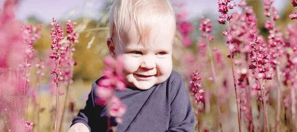 Blonde Jongen Staan Bloei Weide Zomer — Stockfoto